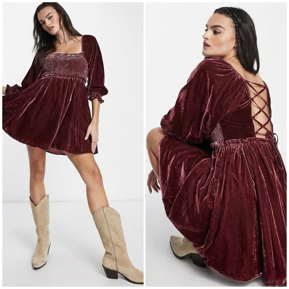 Free People Daphne Velvet Sleeve Mini Dress in Roan Rouge Sz. XS - Picture 3 of 16